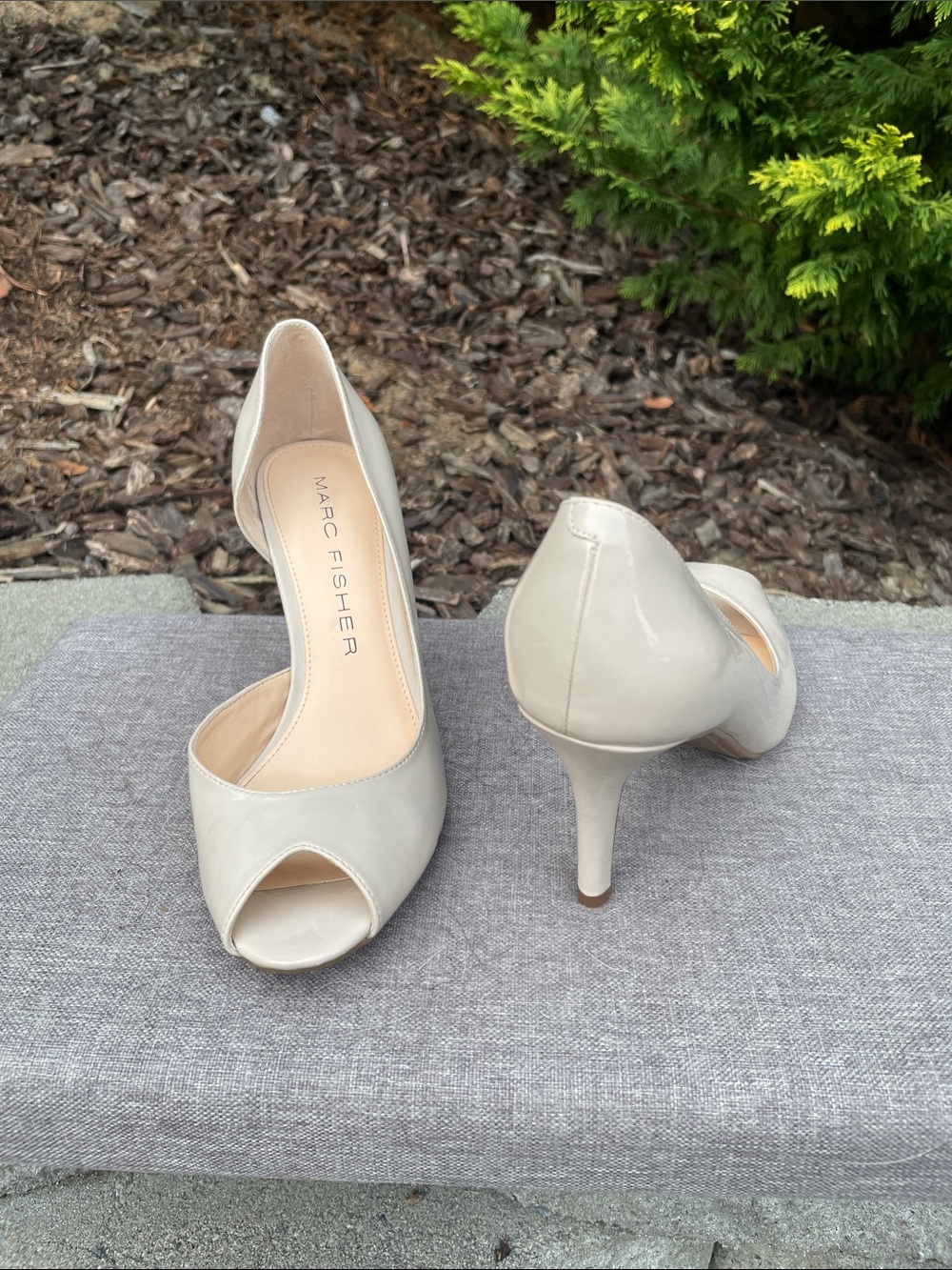Marc Fisher Cream Patent Peep-Toe Heels